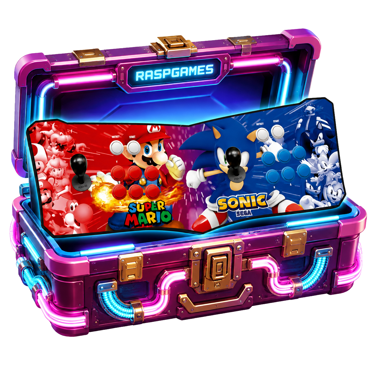 Caixa de brindes RaspGames com luzes neon